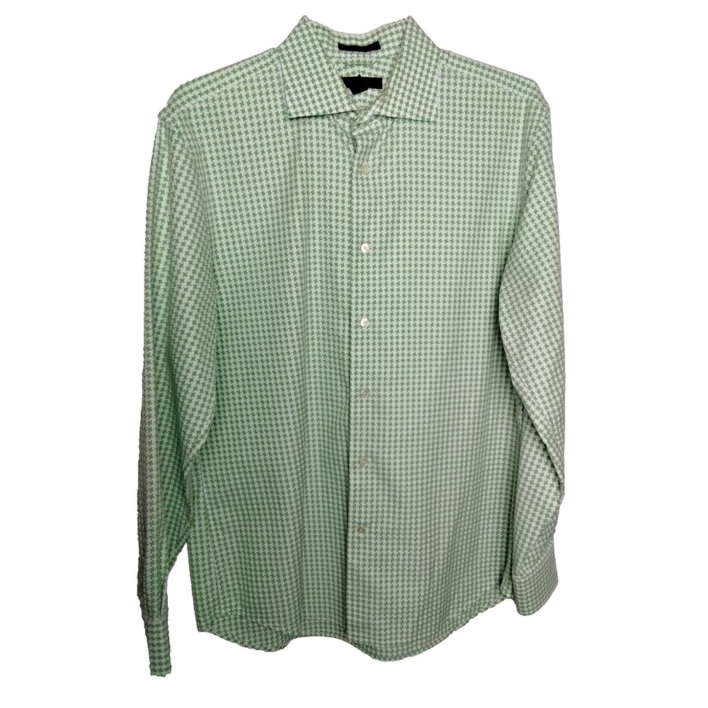 Express Mens L Classic Fit Button Down Green White Check Shirt100's 2 ply Cotton